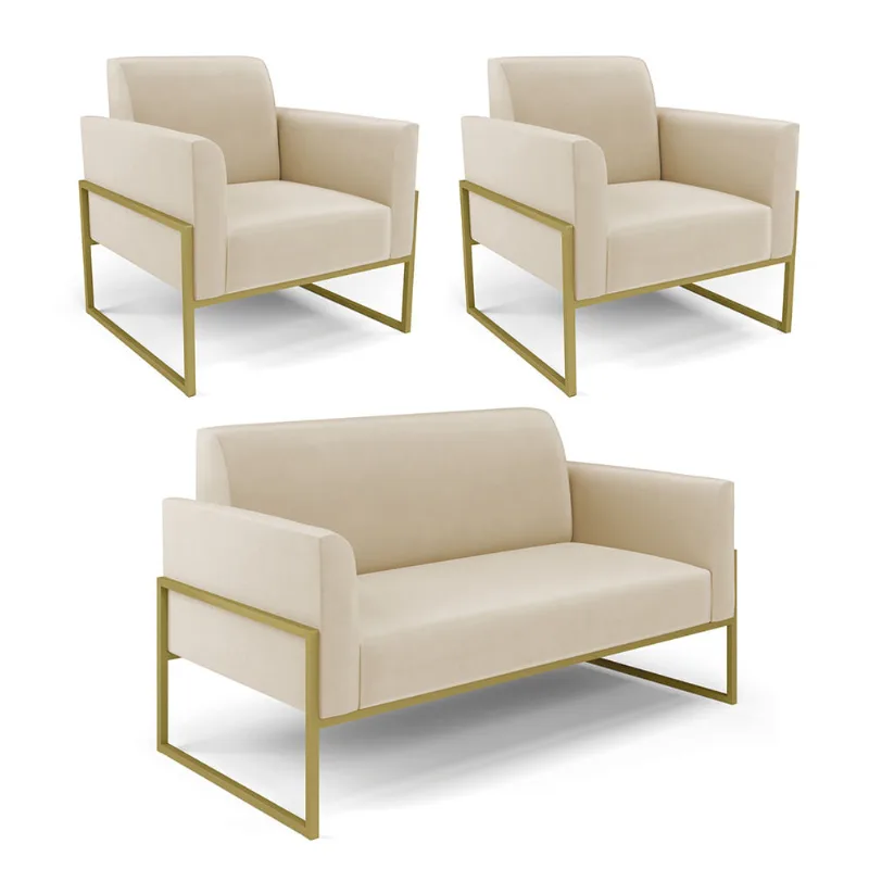 Sofá Namoradeira com 2 Poltronas Base Industrial Alta Dourado Marisa Suede D03 - D'Rossi Preto