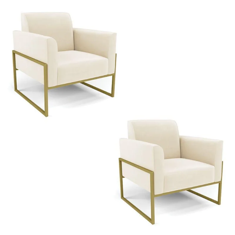 Kit 2 Poltronas Base Industrial Alta Dourado Marisa Veludo D03 - D\'rossi Cor Bege