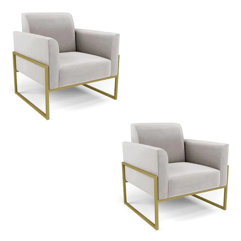 Kit 2 Poltronas Base Industrial Alta Dourado Marisa Veludo Cinza D03 - D\'rossi