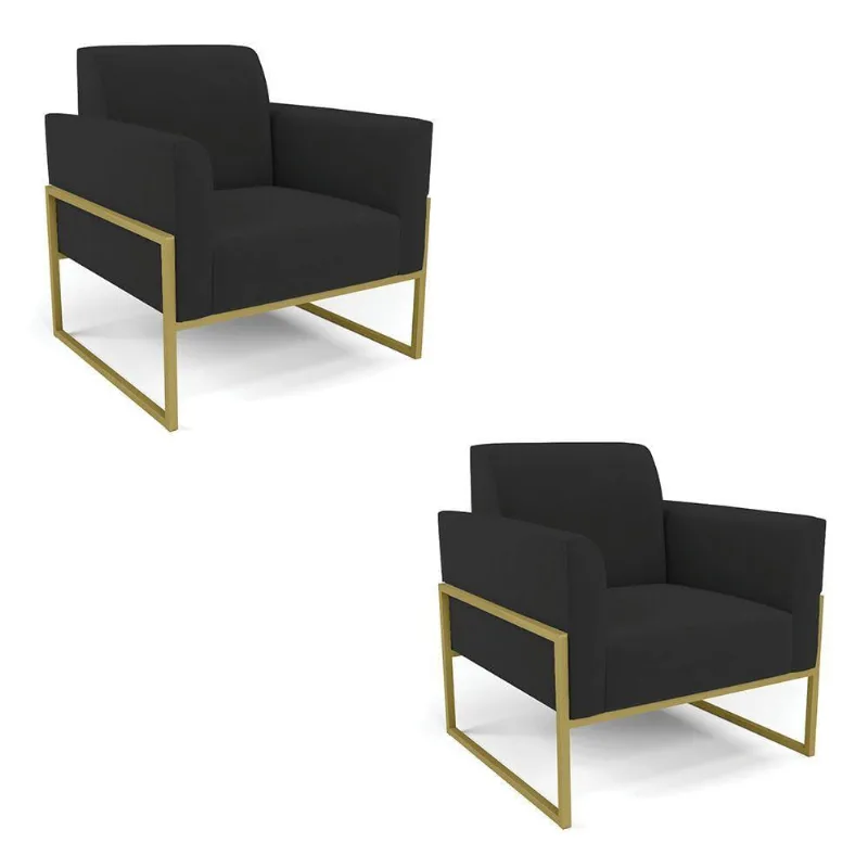 Kit 2 Poltronas Base Industrial Alta Dourado Marisa Veludo D03 - D\'rossi Cor Preto