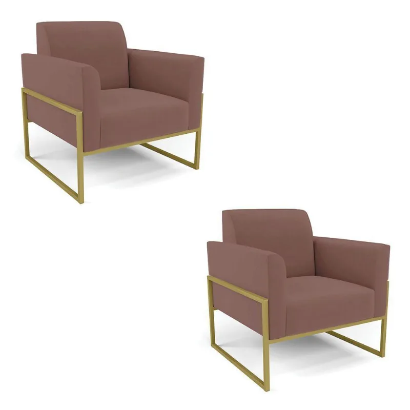 Kit 2 Poltronas Base Industrial Alta Dourado Marisa Veludo D03 - D\'rossi Cor Rose