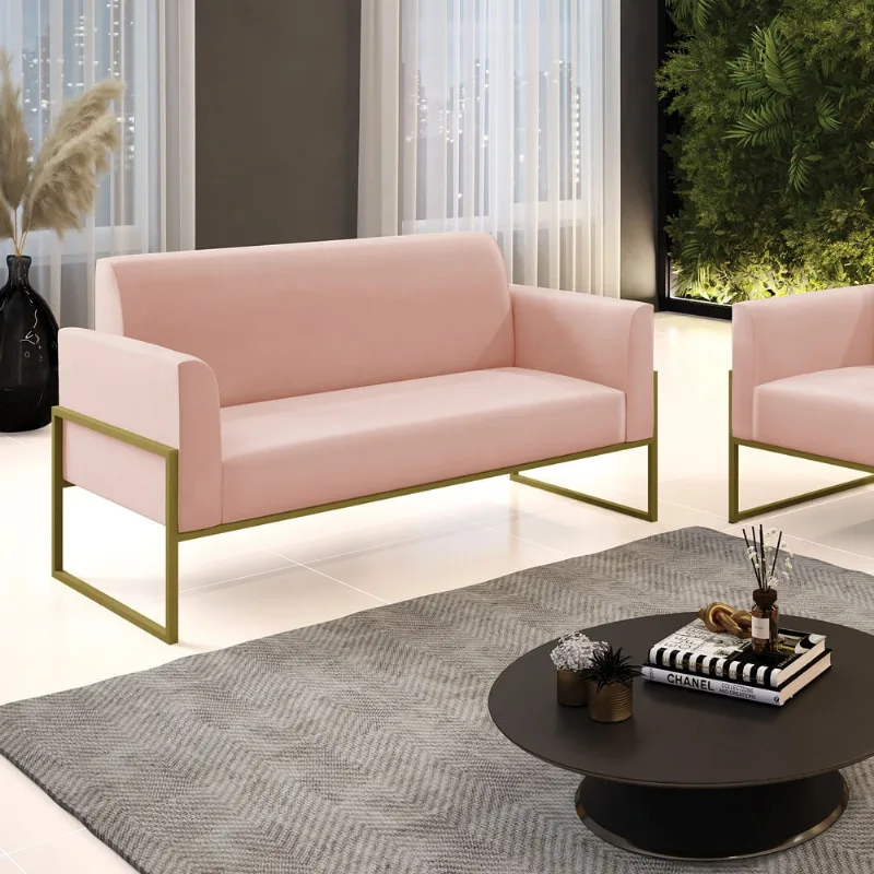 Sofá Namoradeira Base Industrial Alta Dourado Marisa Veludo Rosê