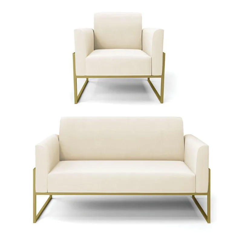 Sofá Namoradeira Com Poltrona Base Industrial Alta Dourado Marisa Veludo D03 - D\'rossi Cor Bege