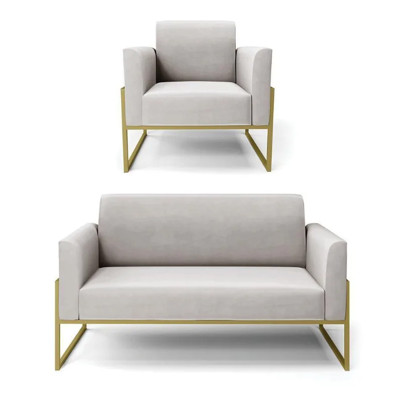 Sofá Namoradeira Com Poltrona Base Industrial Alta Dourado Marisa Veludo D03 - D\'rossi Cor Cinza