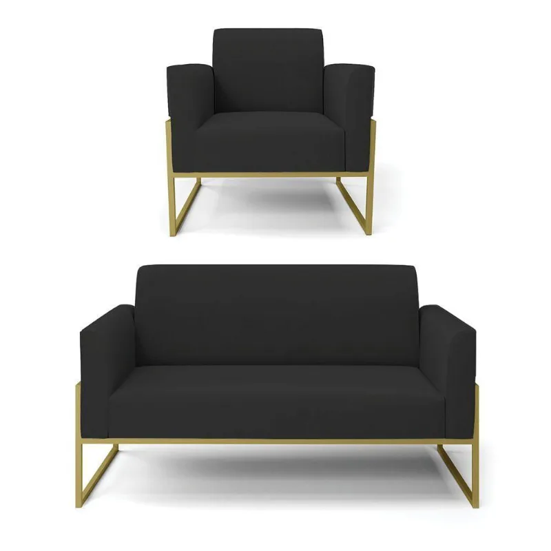 Sofá Namoradeira Com Poltrona Base Industrial Alta Dourado Marisa Veludo Preto D03 - D\'rossi