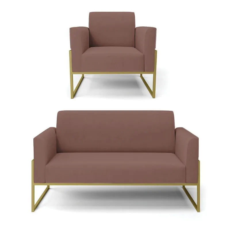 Sofá Namoradeira Com Poltrona Base Industrial Alta Dourado Marisa Veludo Rosê D03 - D\'rossi
