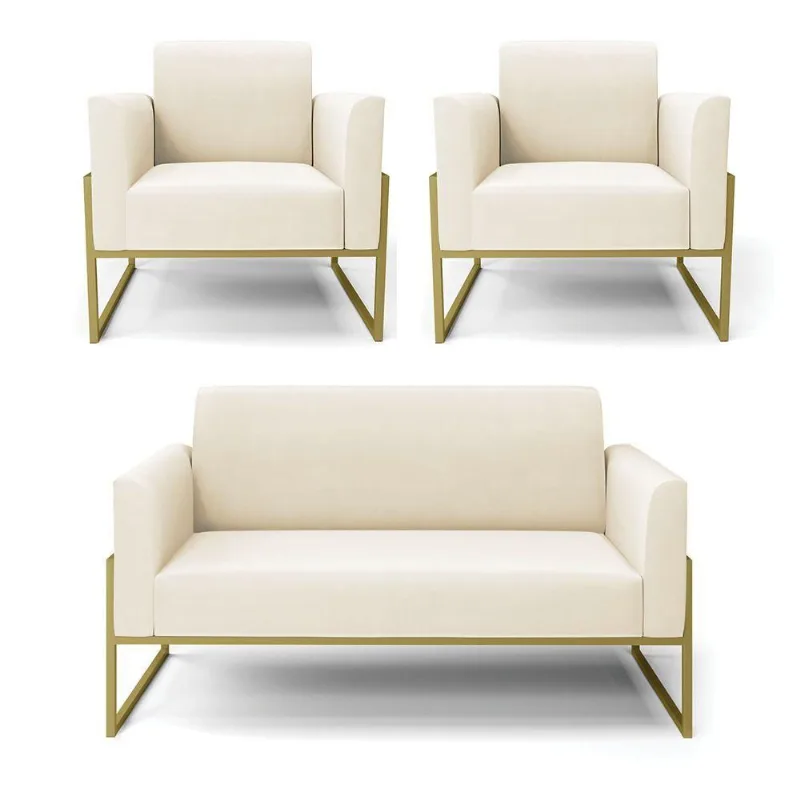 Sofá Namoradeira Com 2 Poltronas Base Industrial Alta Dourado Marisa Veludo Bege D03 - D\'rossi