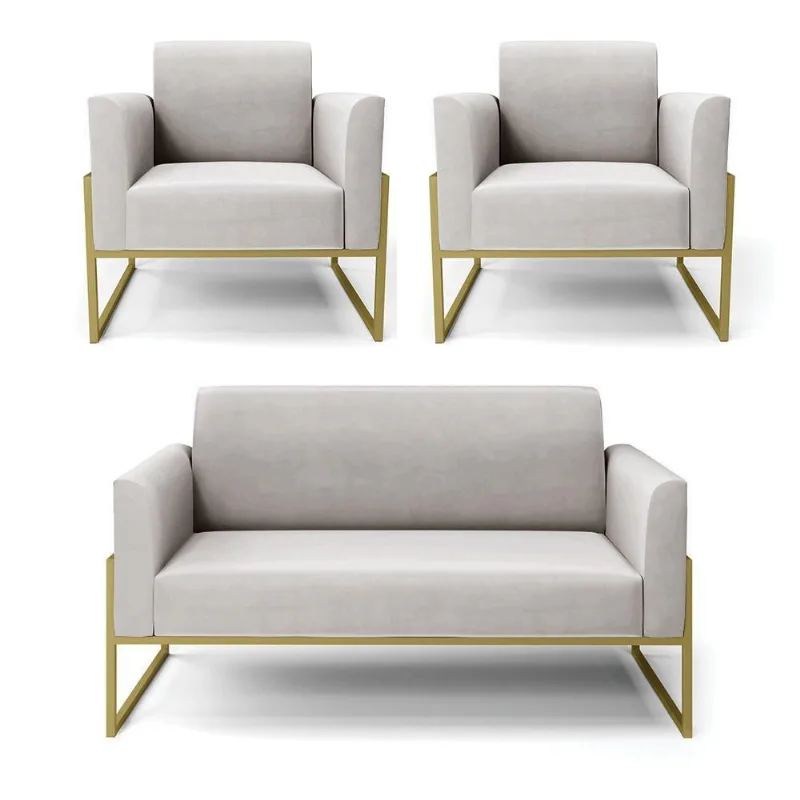 Sofá Namoradeira Com 2 Poltronas Base Industrial Alta Dourado Marisa Veludo Cinza D03 - D\'rossi