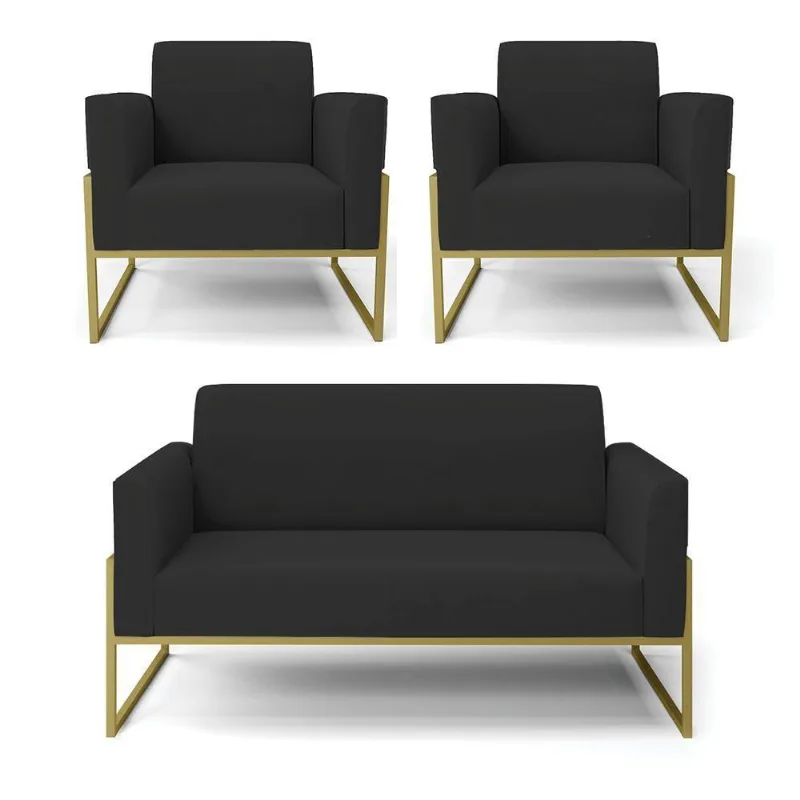 Sofá Namoradeira Com 2 Poltronas Base Industrial Alta Dourado Marisa Veludo Preto D03 - D\'rossi