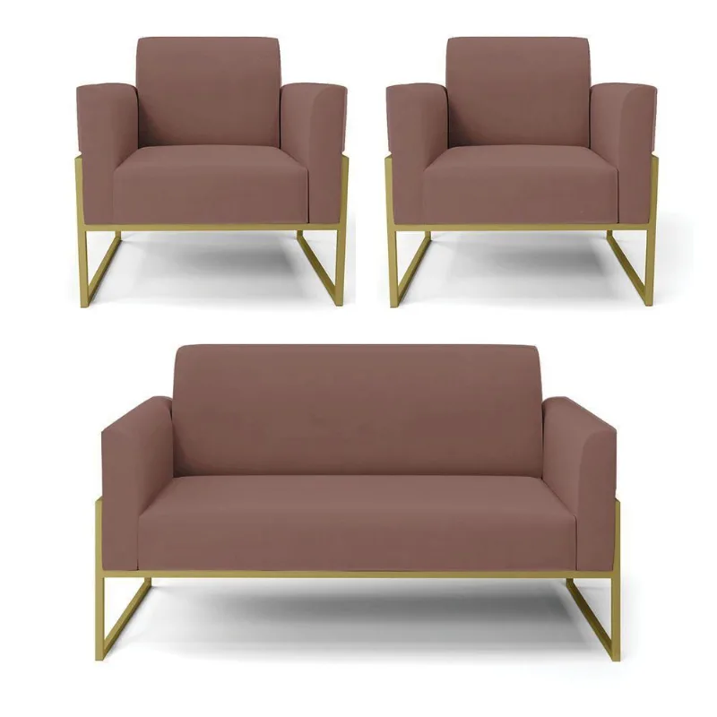 Sofá Namoradeira Com 2 Poltronas Base Industrial Alta Dourado Marisa Veludo D03 - D\'rossi Cor Rose