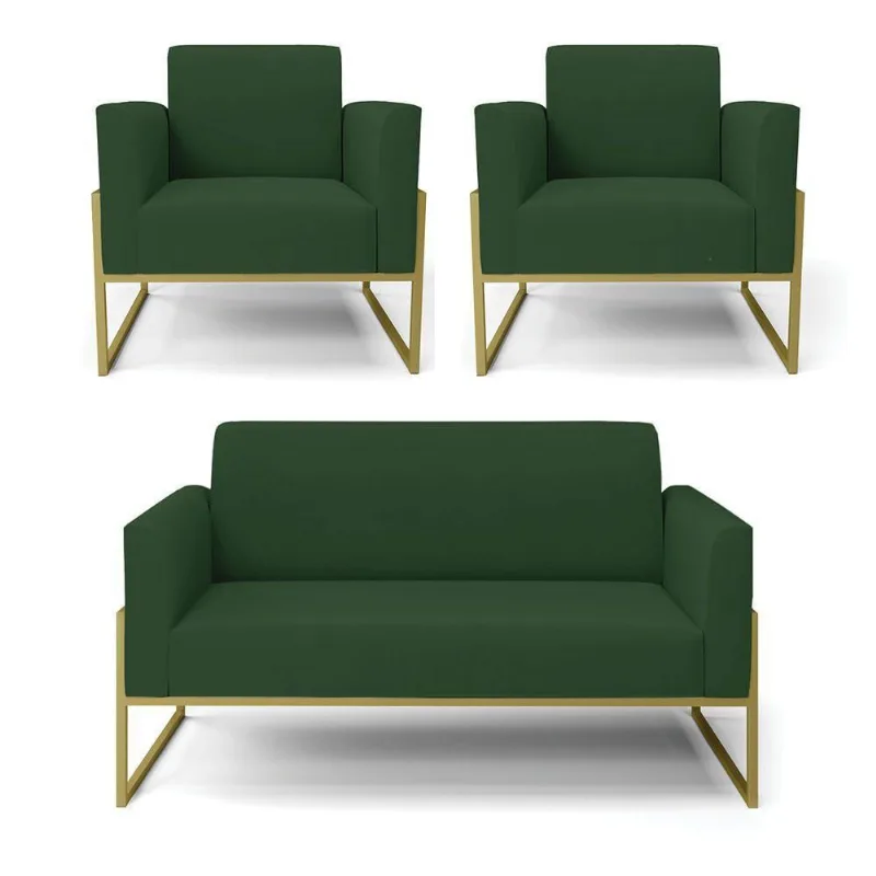 Sofá Namoradeira Com 2 Poltronas Base Industrial Alta Dourado Marisa Veludo Verde D03 - D\'rossi