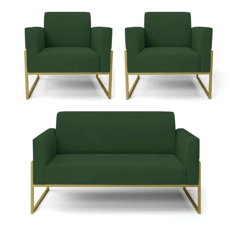 Sofá Namoradeira Com 2 Poltronas Base Industrial Alta Dourado Marisa Veludo D03 - D\'rossi Cor Verde