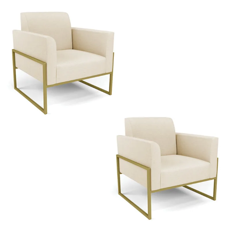 Kit 2 Poltronas Base Industrial Alta Dourado Marisa Linho Bege A19 D03 - D'Rossi