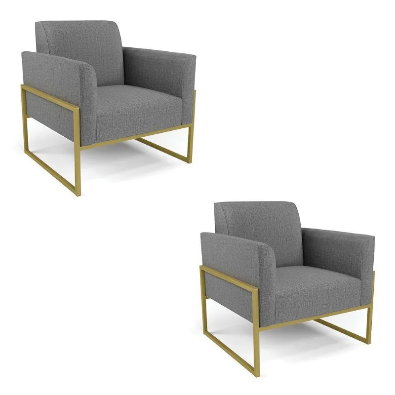 Kit 2 Poltronas Base Industrial Alta Dourado Marisa Linho Grafite A26 D03 - D\'rossi