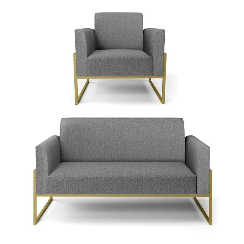 Sofá Namoradeira Com Poltrona Base Industrial Alta Dourado Marisa Linho Grafite A26 D03 - D\'rossi