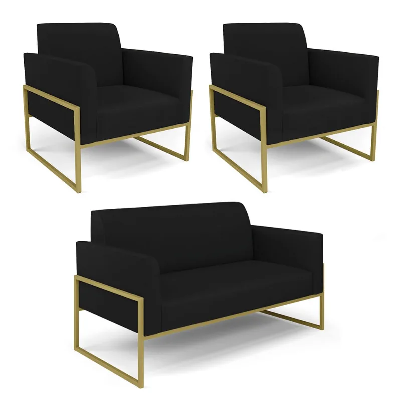 Sofá Namoradeira com 2 Poltronas Base Industrial Alta Dourado Marisa Linho D03 - D'Rossi A79 Preto