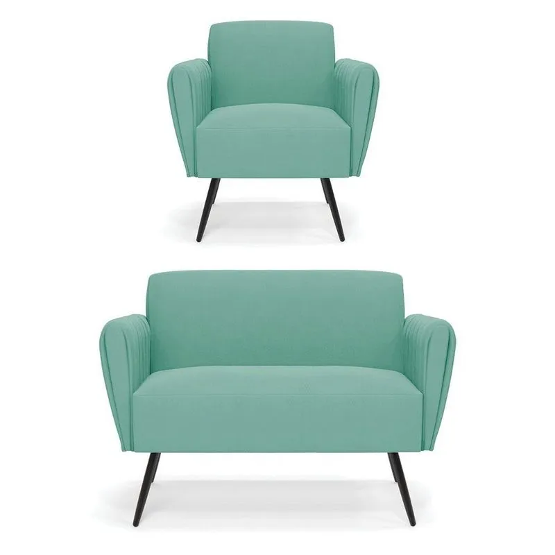 Sofá Namoradeira Com Poltrona Pés Palito De Ferro Bruna Suede Azul Turquesa - D'rossi