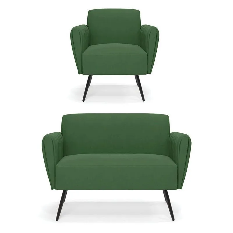 Sofá Namoradeira Com Poltrona Pés Palito De Ferro Bruna Suede Verde - D\'rossi