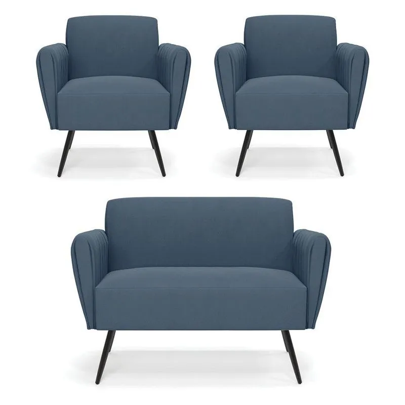 Sofá Namoradeira Com 2 Poltronas Pés Palito De Ferro Bruna Suede Azul Marinho - D\'rossi