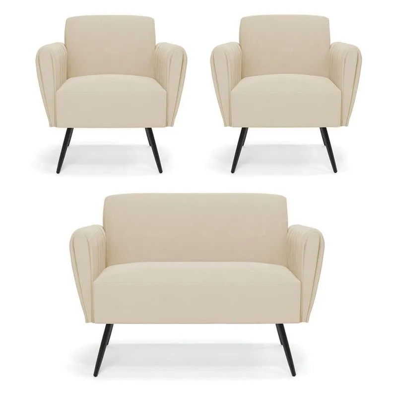 Sofá Namoradeira Com 2 Poltronas Pés Palito De Ferro Bruna Suede Bege - D\'rossi