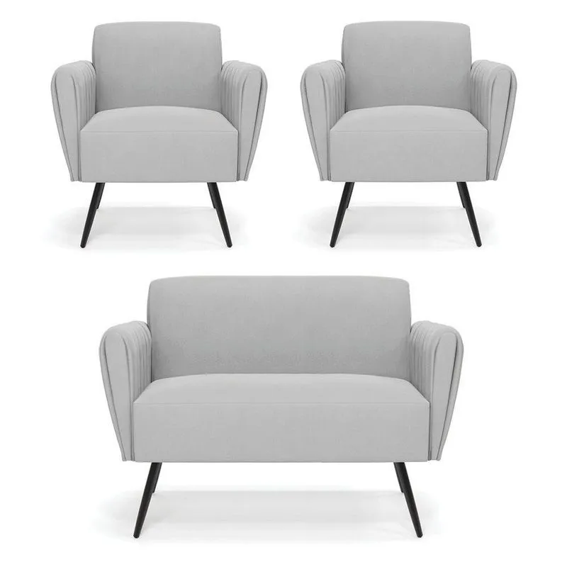 Sofá Namoradeira Com 2 Poltronas Pés Palito De Ferro Bruna Suede Cinza - D\'rossi