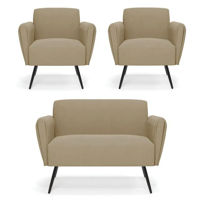 Sofá Namoradeira Com 2 Poltronas Pés Palito De Ferro Bruna Suede Marrom Rato - D\'rossi