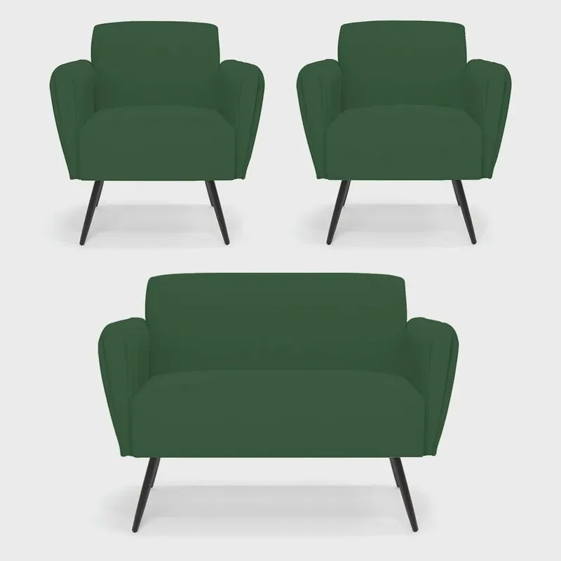 Sofá Namoradeira com 2 Poltronas Pés Palito de Ferro Bruna Veludo Verde - D'Rossi