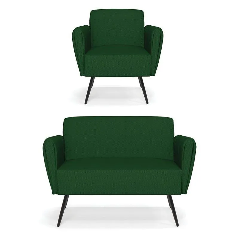 Sofá Namoradeira Com Poltrona Pés Palito De Ferro Bruna Veludo Luxo Verde A136 - D\'rossi