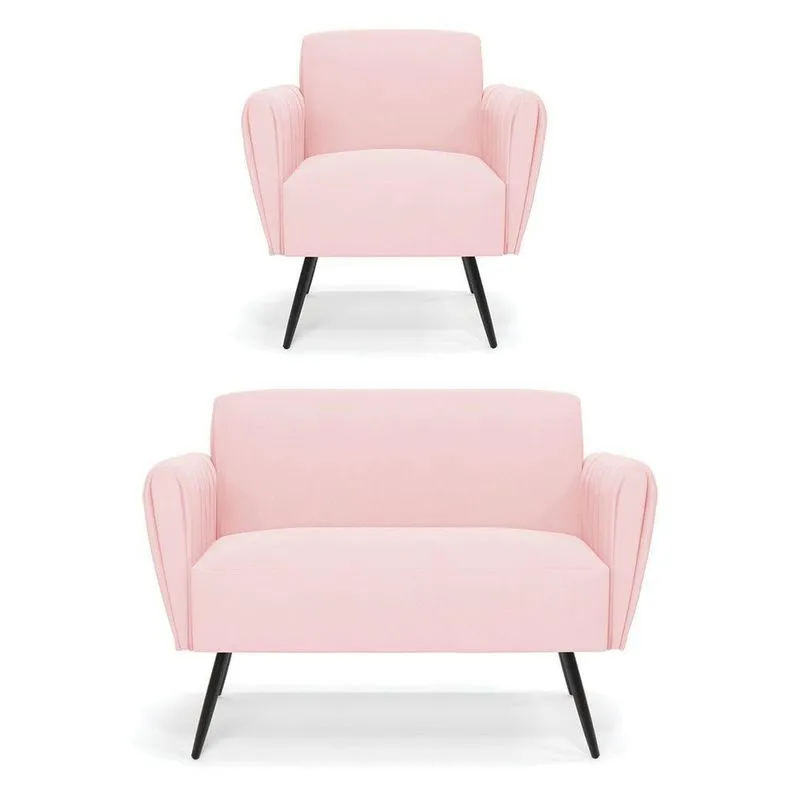 Sofá Namoradeira Com Poltrona Pés Palito De Ferro Bruna Suede - D'rossi Cor Rosa Bebê