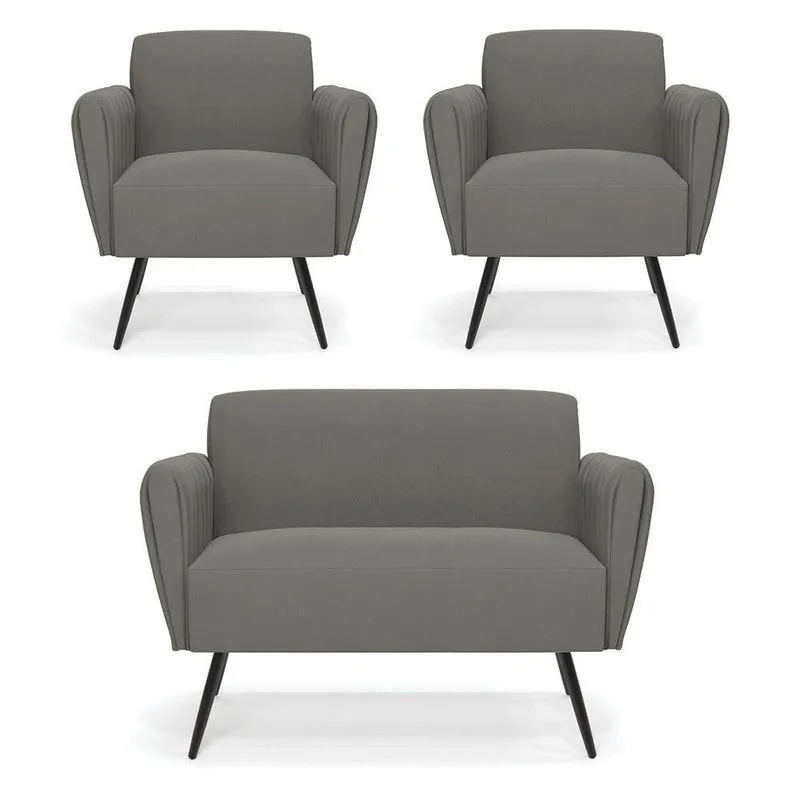Sofá Namoradeira Com 2 Poltronas Pés Palito De Ferro Bruna Suede - D\'rossi Cor Grafite