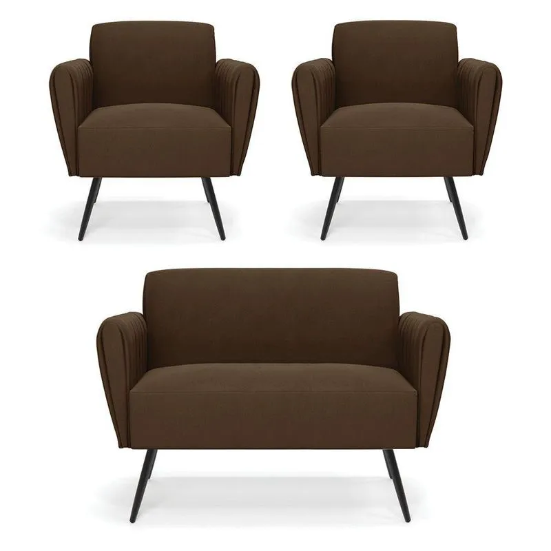 Sofá Namoradeira Com 2 Poltronas Pés Palito De Ferro Bruna Suede - D\'rossi Cor Marrom