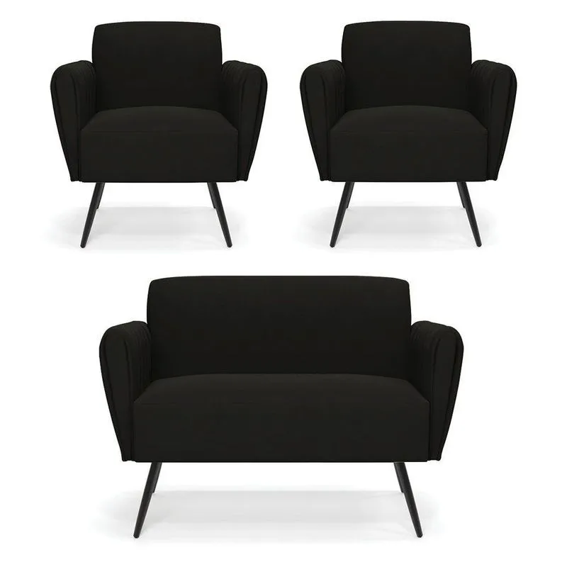 Sofá Namoradeira Com 2 Poltronas Pés Palito De Ferro Bruna Suede - D'rossi Cor Preto