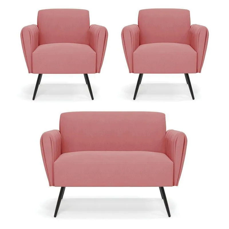 Sofá Namoradeira Com 2 Poltronas Pés Palito De Ferro Bruna Suede - D\'rossi Cor Rose