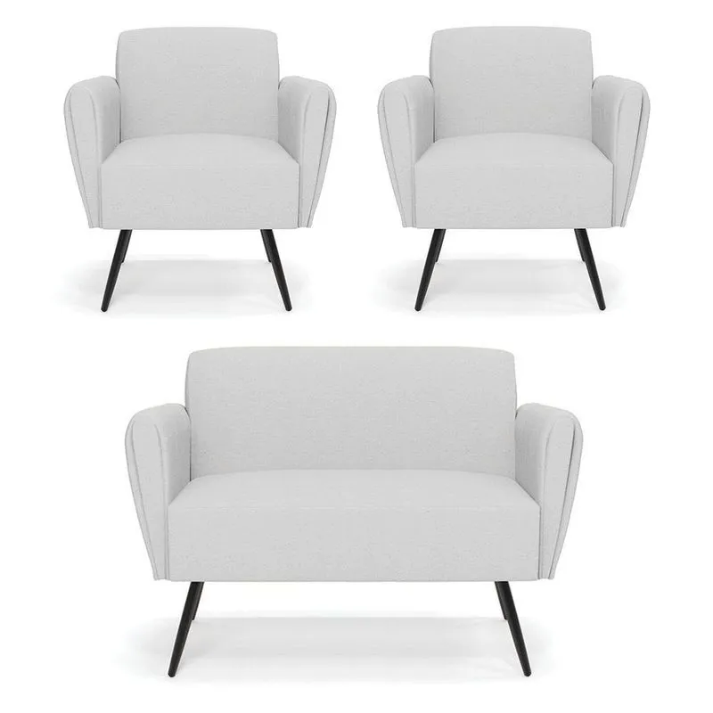 Sofá Namoradeira Com 2 Poltronas Pés Palito De Ferro Bruna Linho - D\'rossi Cor A05 Cinza