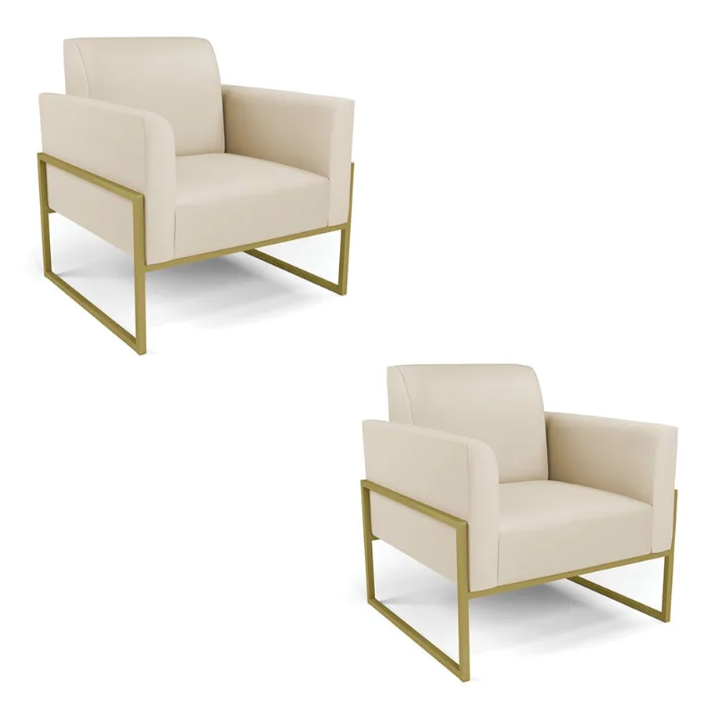 Kit 2 Poltronas Base Industrial Alta Dourado Marisa Corino Bege D03 - D'Rossi