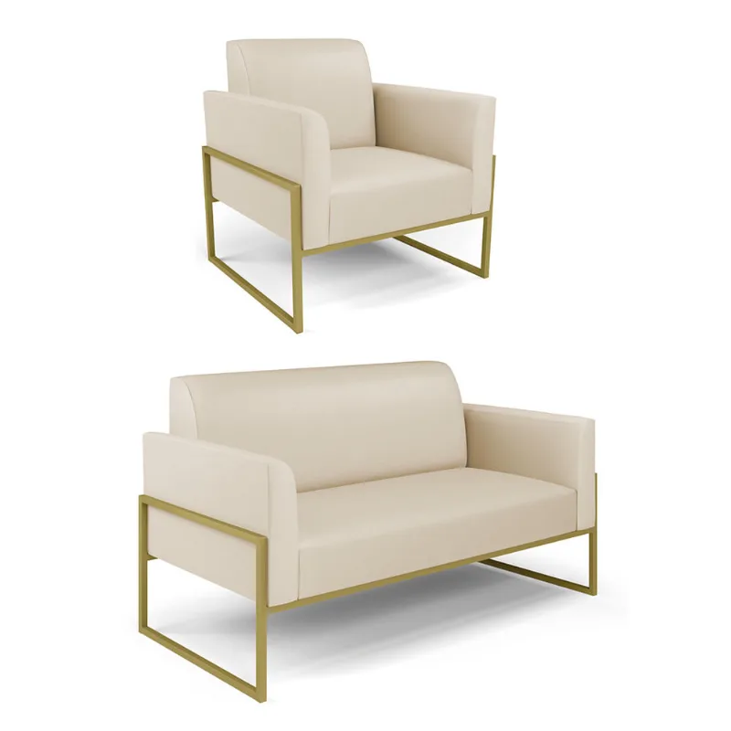 Sofá Namoradeira com Poltrona Base Industrial Alta Dourado Marisa Corino Bege D03 - D'Rossi
