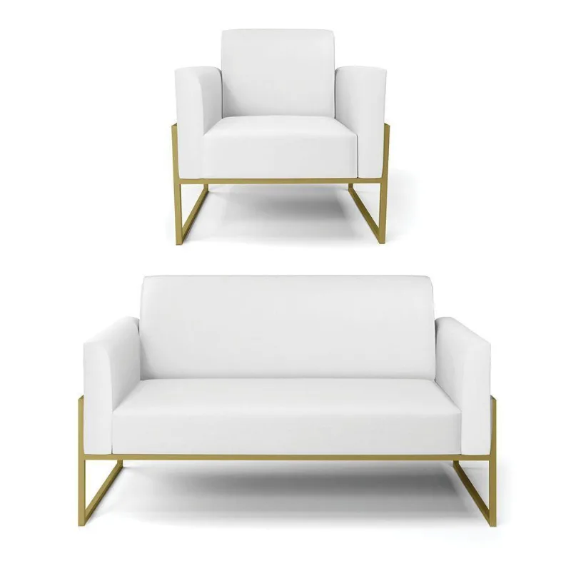 Sofá Namoradeira Com Poltrona Base Industrial Alta Dourado Marisa Corino Branco D03 - D\'rossi
