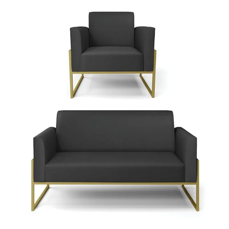 Sofá Namoradeira Com Poltrona Base Industrial Alta Dourado Marisa Corino Preto D03 - D\'rossi