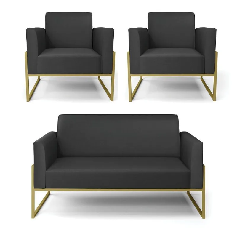 Sofá Namoradeira Com 2 Poltronas Base Industrial Alta Dourado Marisa Corino Preto D03 - D\'rossi