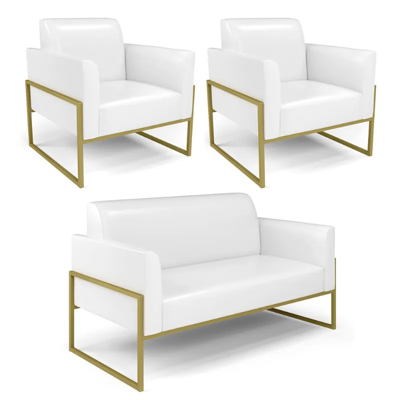 Sofá Namoradeira com 2 Poltronas Base Industrial Alta Dourado Marisa Corano Branco D03 - D'Rossi