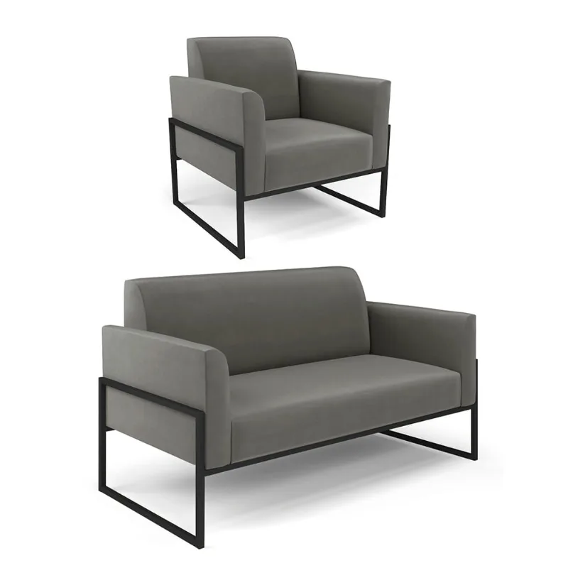 Sofá Namoradeira com Poltrona Base Industrial Alta Preto Marisa Suede Grafite D03 - D'Rossi