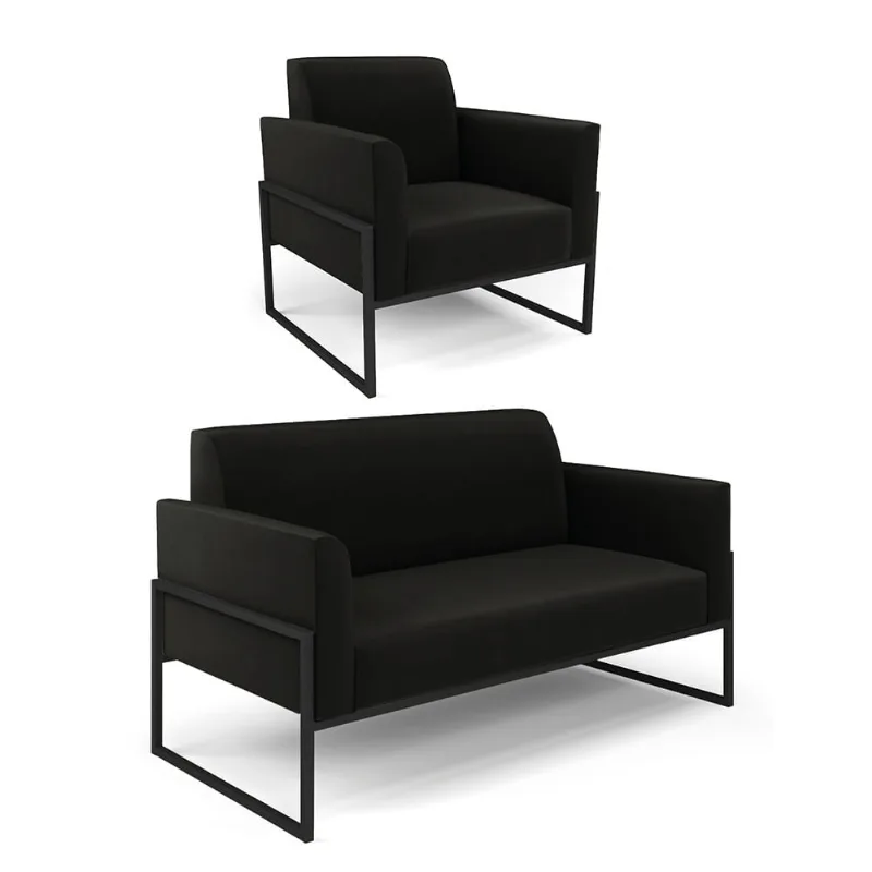 Sofá Namoradeira com Poltrona Base Industrial Alta Preto Marisa Suede Preto D03 - D'Rossi