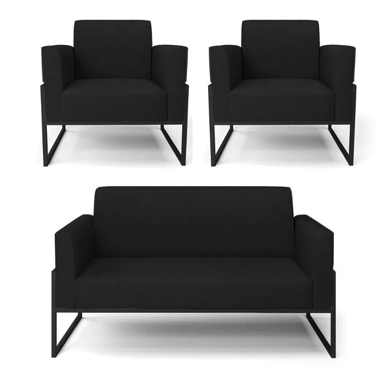 Sofá Namoradeira Com 2 Poltronas Base Industrial Alta Preto Marisa Linho Preto A79 D03 - D\'rossi