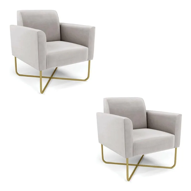 Kit 2 Poltronas Base X Industrial Dourado Marisa Veludo Cinza D03 - D\'rossi