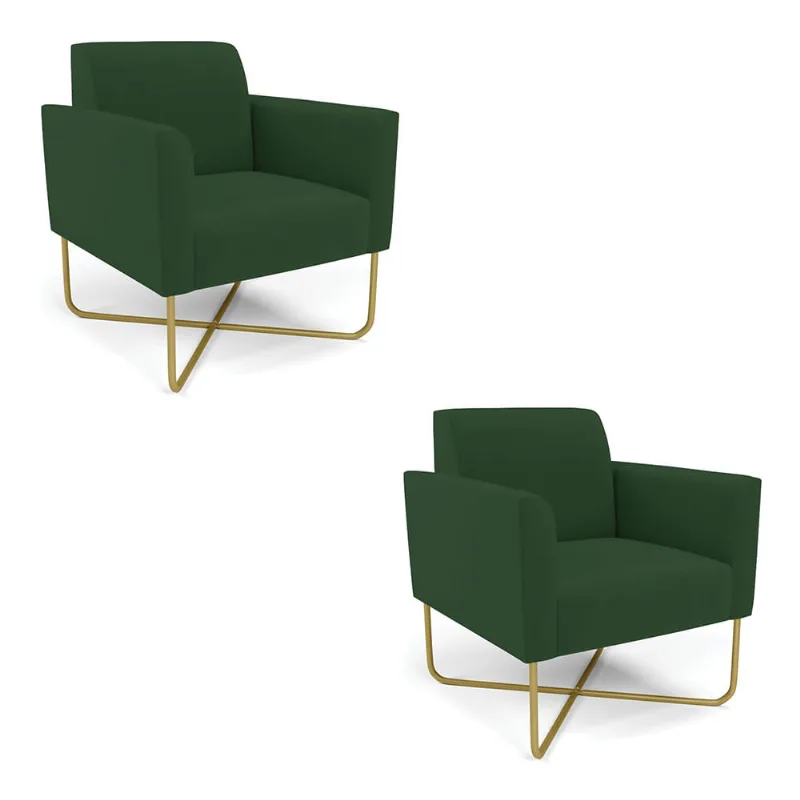 Kit 2 Poltronas Base X Industrial Dourado Marisa Veludo Verde D03 - D'Rossi