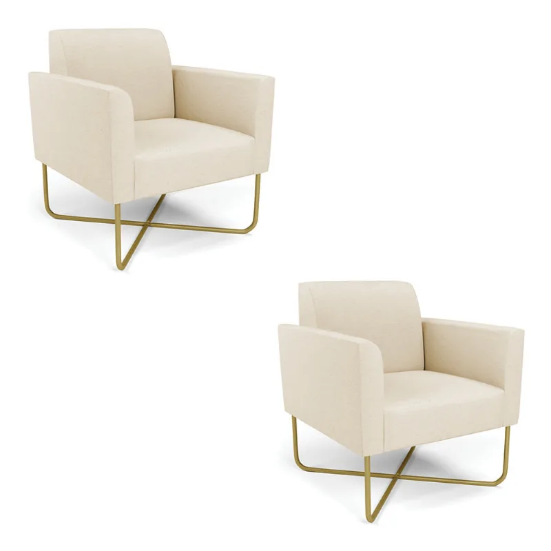 Kit 2 Poltronas Base X Industrial Dourado Marisa Linho Bege A19 D03 - D'Rossi