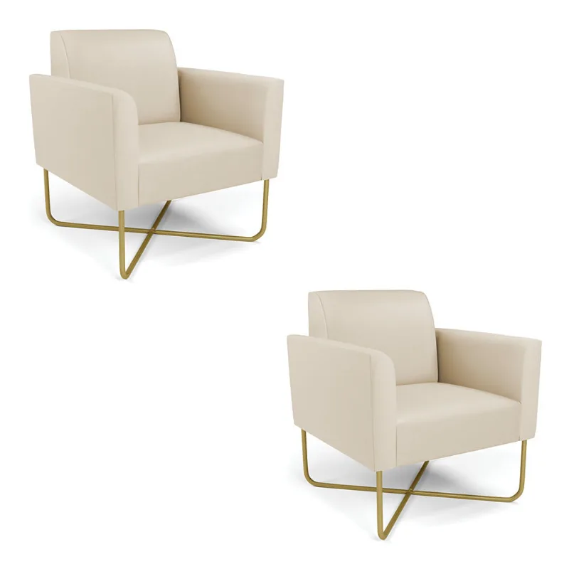 Kit 2 Poltronas Base X Industrial Dourado Marisa Corino Bege D03 - D'Rossi
