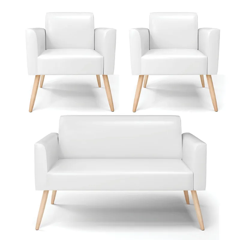 Sofá Namoradeira com 2 Poltronas Pés Palito Natural Marisa Corano Branco D03 - D'Rossi