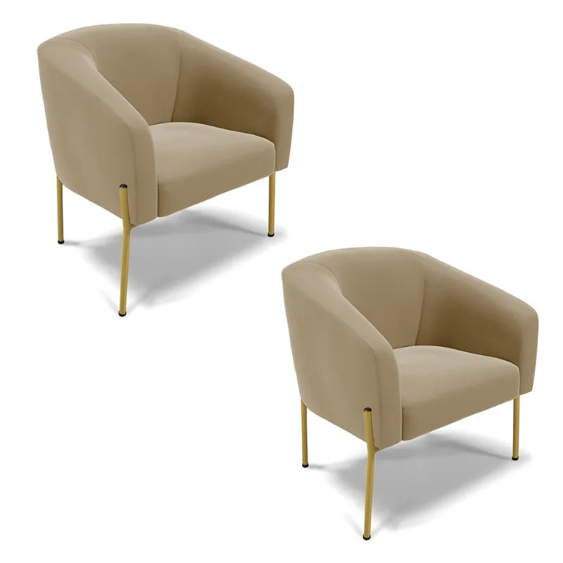 Poltrona Decorativa Pé de Ferro Dourado Kit 2 Stella Suede Marrom Rato D03 - D'Rossi