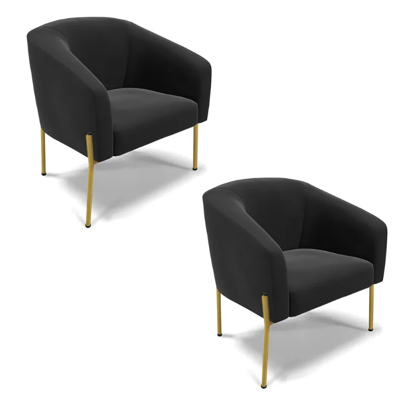 Poltrona Decorativa Pé de Ferro Dourado Kit 2 Stella Suede Preto D03 - D'Rossi